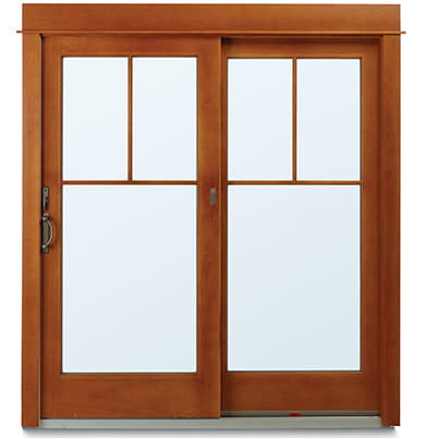 400 Series Frenchwood Gliding patio doors with Tall Fractional Grilles and Yuma Distressed Bronze hardware.