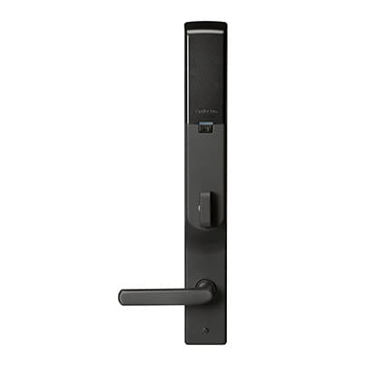 Yale Assure Lock; available on A-Series hinged patio doors, E-Series hinged patio doors, Entranceways (entry doors) and folding (outswing) doors Shown in Black finishinterior view of handleKeywords: smart lock, power lock, smart home, bluetooth, wifi, wi-fi, touchscreen
