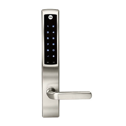 Yale Assure Lock; available on A-Series hinged patio doors, E-Series hinged patio doors, Entranceways (entry doors) and folding (outswing) doors Shown in Satin Nickel finishExterior view of handle with keypadKeywords: smart lock, power lock, smart home, bluetooth, wifi, wi-fi, touchscreen