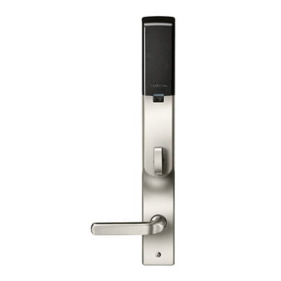 Yale Assure Lock; available on A-Series hinged patio doors, E-Series hinged patio doors, Entranceways (entry doors) and folding (outswing) doors Shown in Satin Nickel finishinterior view of handleKeywords: smart lock, power lock, smart home, bluetooth, wifi, wi-fi, touchscreen