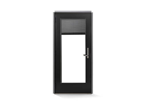 A-Series Frenchwood outswing hinged door with Slate Gray blinds between-the-glass in 1/4 closed position; Anvers hardware in Satin Nickel; Black exterior and interior
